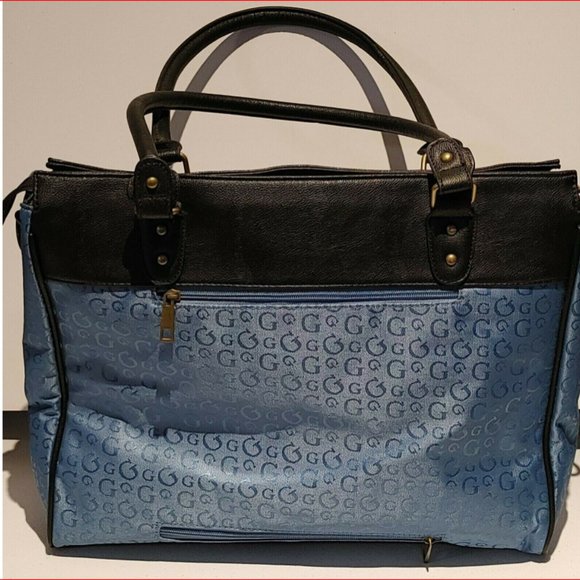 Vintage Guess Briefcase or Laptop Business Case Leather & Suede Blue/Off White - Picture 2 of 6